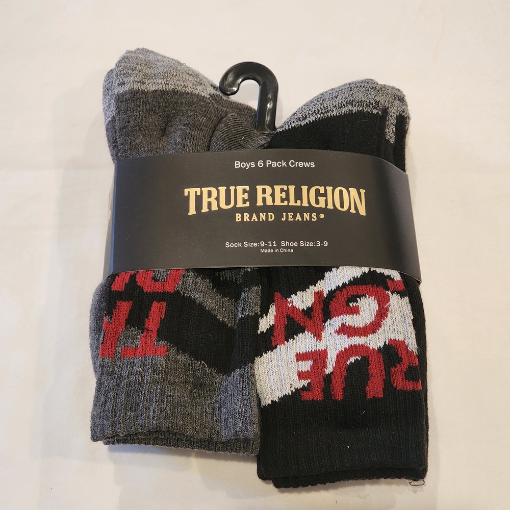 True Religion Boys' Crew Socks 6-Pack - Black, Gray, and Red